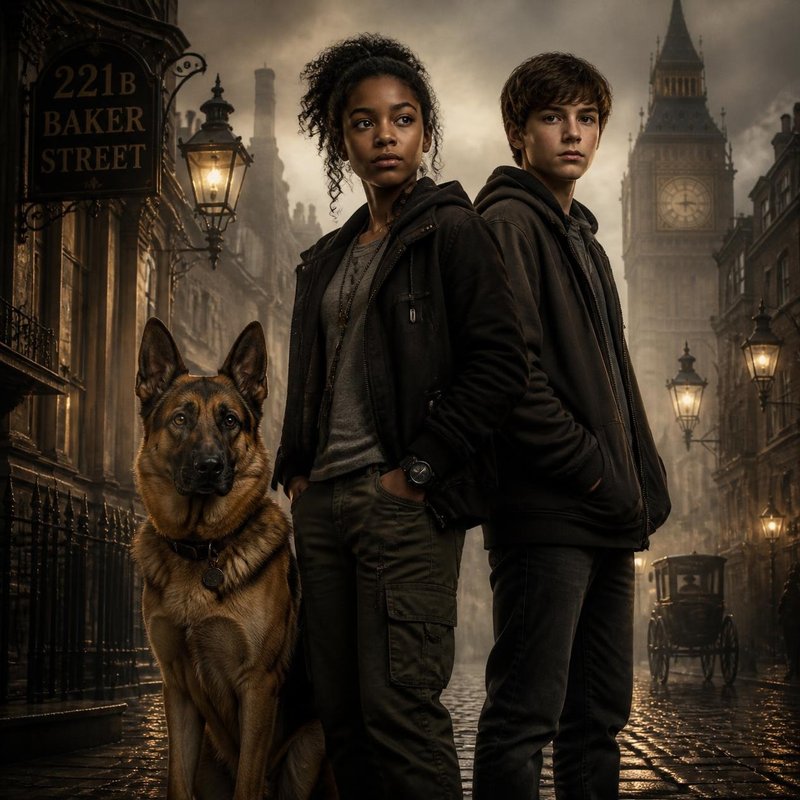 Evelyn Cross and Miles Reed with Henry the dog on a foggy London street